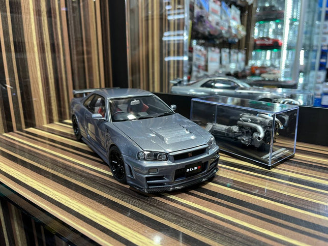 MotorHelix Nissan Skyline GT-R34 Nismo 1/18 Diecast Model Gun Metallic - studio product photo of the scale model