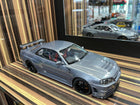 MotorHelix Nissan Skyline GT-R34 Nismo 1/18 Diecast Model Gun Metallic - detailed collector display model