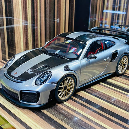 AutoArt Porsche 911 GT2 RS (991.2) GT Silver 1:18 Diecast Model Car - studio product photo of the scale model