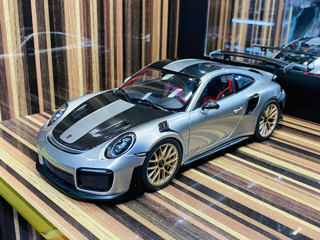 AutoArt Porsche 911 GT2 RS (991.2) GT Silver 1:18 Diecast Model Car - studio product photo of the scale model