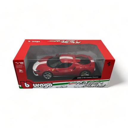 Bburago 1/18 Ferrari 296 GTB Assetto Fiorano Diecast Model Car Red/White Stripes - detailed collector display model
