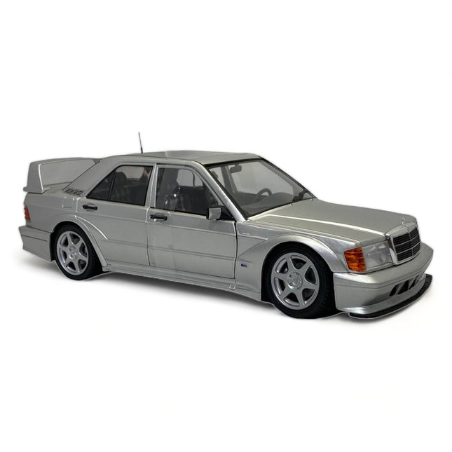 Solido 1/18 Mercedes-Benz 190E 2.5-16 Evolution II Silver Diecast Model Car - studio product photo of the scale model