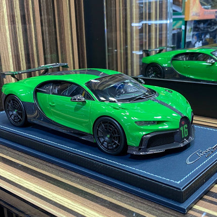 MR Collection Models Bugatti Chiron Pur Sport 1/18 Green Resin Model - studio product photo of the scale model