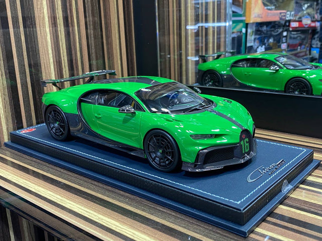 MR Collection Models Bugatti Chiron Pur Sport 1/18 Green Resin Model - studio product photo of the scale model