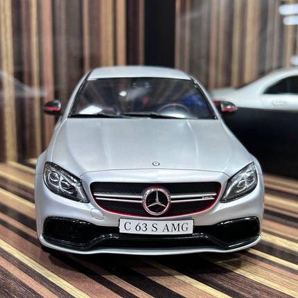 GT Spirit 1:18 Resin Mercedes-Benz C63 S AMG Silver Model Car - studio product photo of the scale model