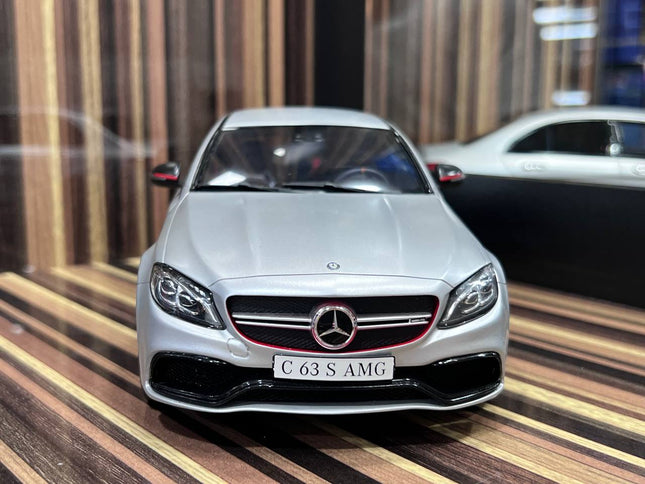 GT Spirit 1:18 Resin Mercedes-Benz C63 S AMG Silver Model Car - studio product photo of the scale model