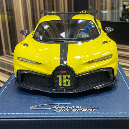 MR Bugatti Chiron Sport 1:18 Resin Diecast Model Car Yellow Limited Edition 09/99 - studio product photo of the scale model