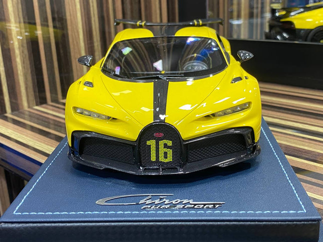 MR Bugatti Chiron Sport 1:18 Resin Diecast Model Car Yellow Limited Edition 09/99 - studio product photo of the scale model