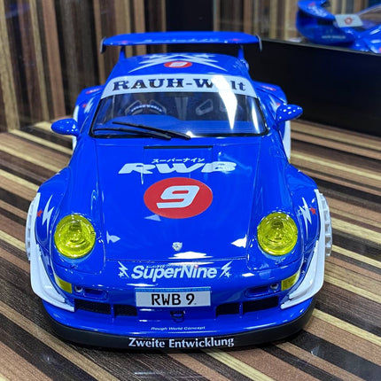 GT Spirit Porsche RWB 9 1:18 Blue Resin Model Car - studio product photo of the scale model