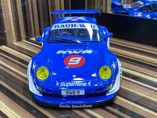 GT Spirit Porsche RWB 9 1:18 Blue Resin Model Car - studio product photo of the scale model