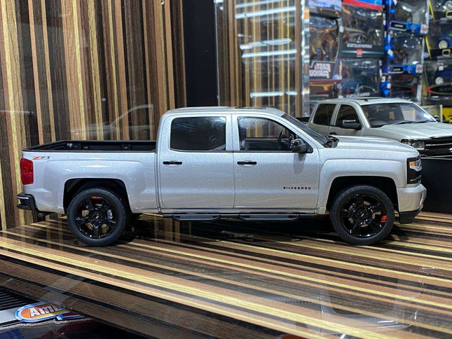 GT Spirit Chevrolet Silverado 1:18 Resin Scale Model Car Silver - studio product photo of the scale model