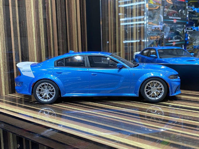 1/18 Diecast Dodge Charger SRT Hellcat Blue GT Spirit Scale Model Car - studio product photo of the scale model
