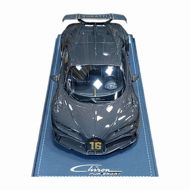 Bugatti Chiron Pur Sport 1:18 Scale Full Carbon Resin Model MR Collection - studio product photo of the scale model