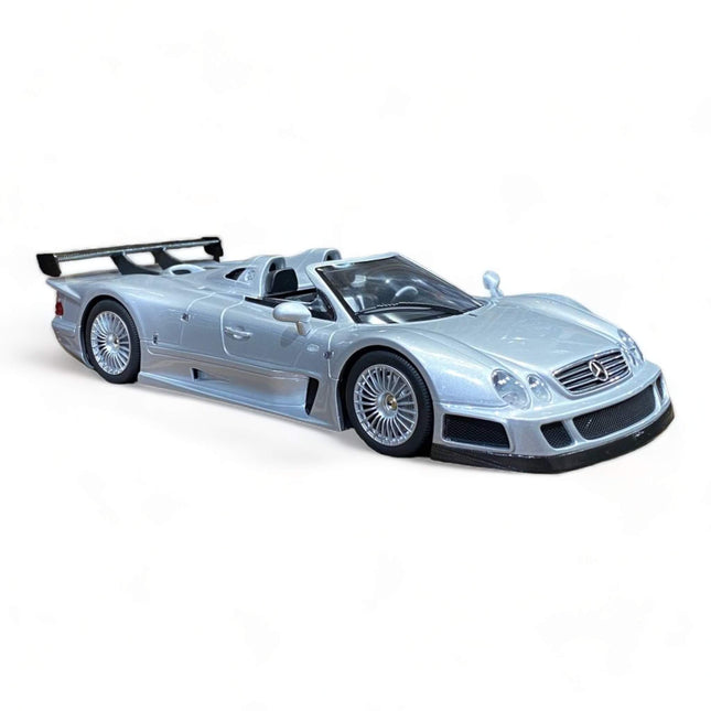 GT Spirit Mercedes-Benz CLK-GTR Roadster 1:18 Silver Diecast Model Car - studio product photo of the scale model