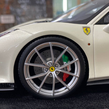 MR Collection Models Ferrari 488 Pista 1:18 Resin Model White/Black Stripes - showroom-quality model replica