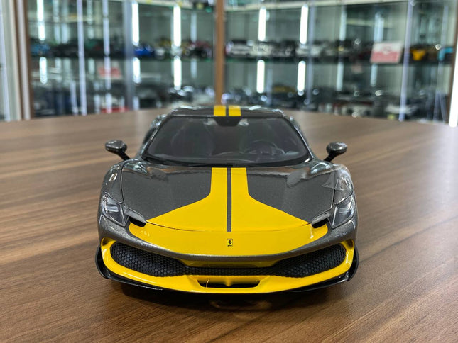 Bburago Ferrari 296 GTB Assetto Fiorano 1:18 Grey/Yellow Stripes Diecast Model - studio product photo of the scale model