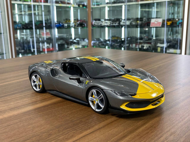 Bburago Ferrari 296 GTB Assetto Fiorano 1:18 Grey/Yellow Stripes Diecast Model - detailed collector display model