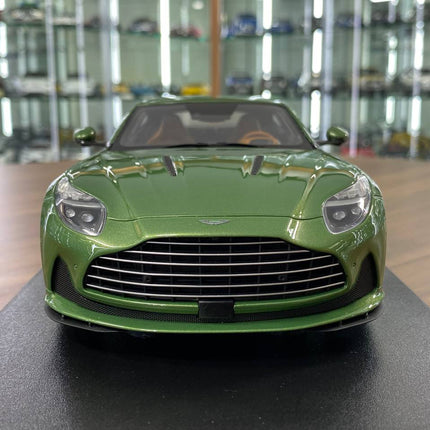 GT Spirit Aston Martin DB12 1:18 Green Resin Model Car - studio product photo of the scale model