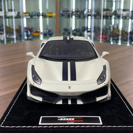 MR Collection Models Ferrari 488 Pista 1:18 Resin Model White/Black Stripes - studio product photo of the scale model