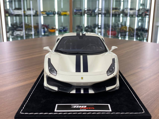 MR Collection Models Ferrari 488 Pista 1:18 Resin Model White/Black Stripes - studio product photo of the scale model