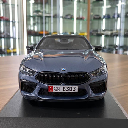 Minichamps BMW M8 Competition Coupe 2020 1:18 Metallic Blue Diecast Model - studio product photo of the scale model