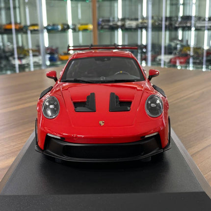 Minichamps Porsche 911 GT3 RS 2023 1:18 Diecast Model Red Silver Wheels - studio product photo of the scale model