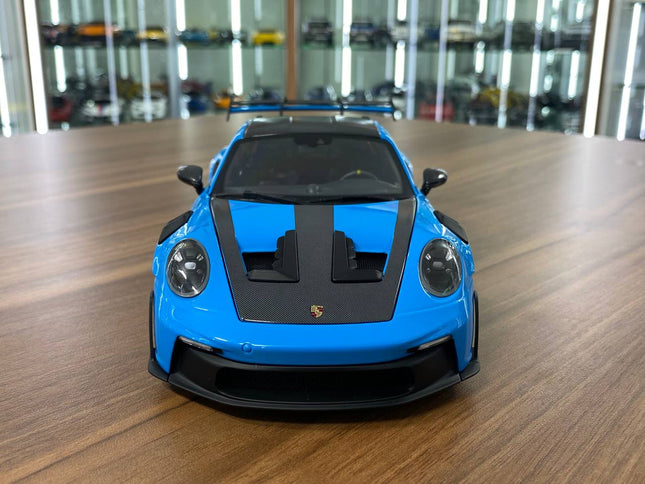 Minichamps Porsche 911 992 GT3 RS 2024 Weissach Paket 1:18 Diecast Model Blue - studio product photo of the scale model