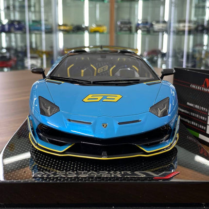 MR Collection 1:18 Lamborghini Aventador Roadster SVJ #63 Blue Yellow 1 of 1 Resin Model - studio product photo of the scale 