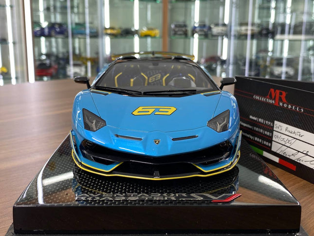 MR Collection 1:18 Lamborghini Aventador Roadster SVJ #63 Blue Yellow 1 of 1 Resin Model - studio product photo of the scale 