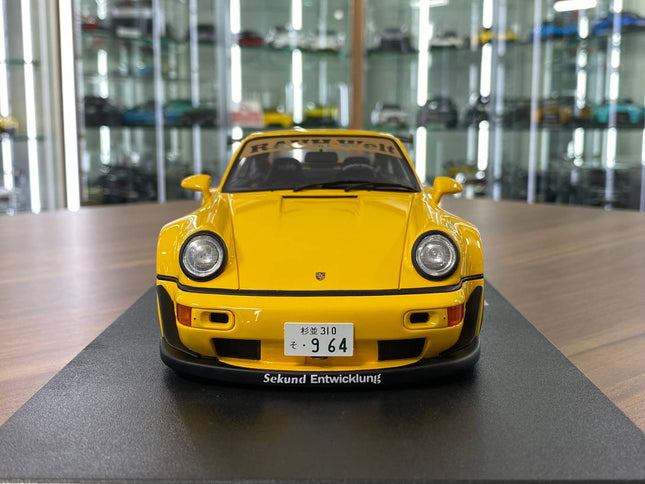 GT Spirit Porsche RWB KEEMA 1/18 Resin Model Yellow Limited Edition - studio product photo of the scale model