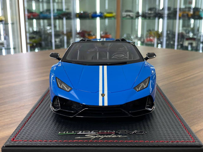 MR Collection 1/18 Lamborghini Huracan EVO Spyder Blu Le Mans Resin Model - studio product photo of the scale model