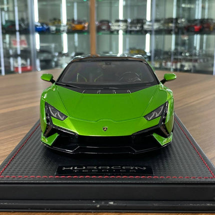 MR Collection 1:18 Lamborghini Huracan Tecnica Green Resin Model - studio product photo of the scale model