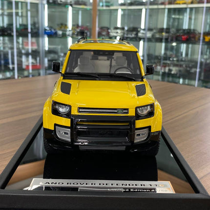 MotorHelix 1:18 Resin Land Rover Defender 110 Desert Yellow Limited - studio product photo of the scale model