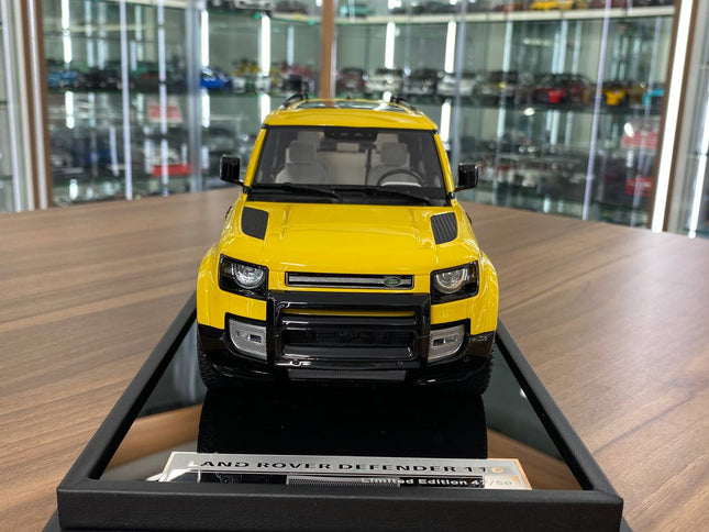 MotorHelix 1:18 Resin Land Rover Defender 110 Desert Yellow Limited - studio product photo of the scale model
