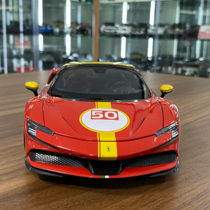 Bburago 1/18 Ferrari SF90 Stradale Assetto Fiorano Diecast Red/Yellow - studio product photo of the scale model