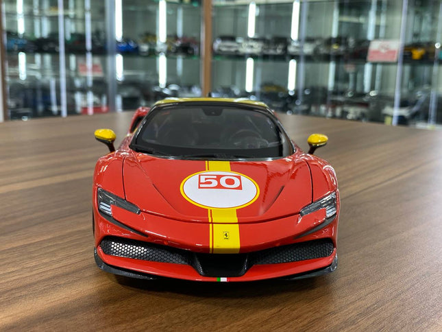 Bburago 1/18 Ferrari SF90 Stradale Assetto Fiorano Diecast Red/Yellow - studio product photo of the scale model