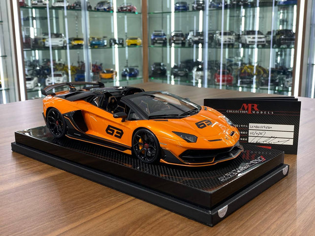 MR Collection Models Lamborghini Aventador Roadster SVJ 1:18 Arancio Atlas 63 Livery - detailed collector display model