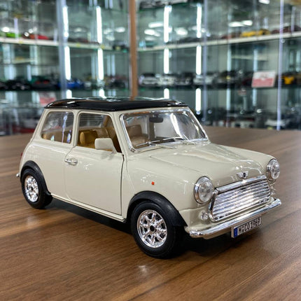 Bburago 1/18 1969 Mini Cooper Diecast Model Car Beige Black Top - detailed collector display model