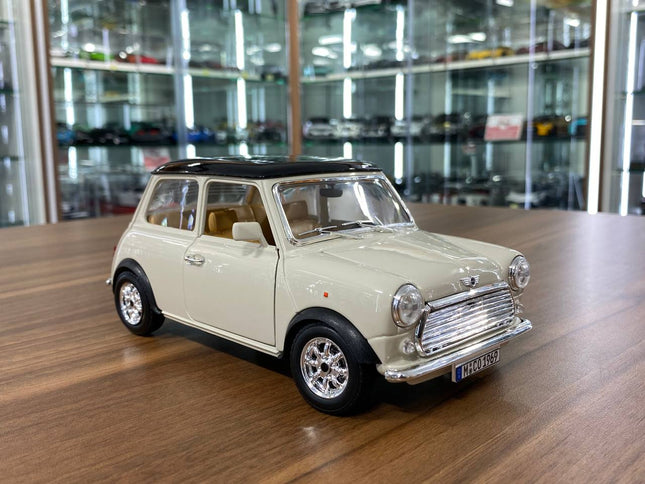 Bburago 1/18 1969 Mini Cooper Diecast Model Car Beige Black Top - detailed collector display model