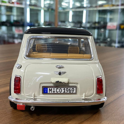 Bburago 1/18 1969 Mini Cooper Diecast Model Car Beige Black Top - premium collector scale model