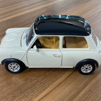 Bburago 1/18 1969 Mini Cooper Diecast Model Car Beige Black Top - detailed die-cast style model