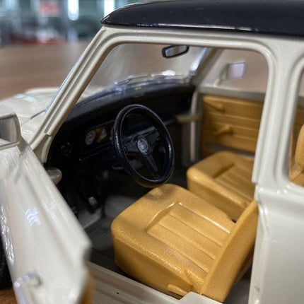 Bburago 1/18 1969 Mini Cooper Diecast Model Car Beige Black Top - scale model for display