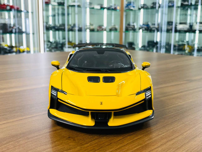 Bburago Ferrari SF90 XX Stradale 1:18 Yellow Diecast Model Car - studio product photo of the scale model