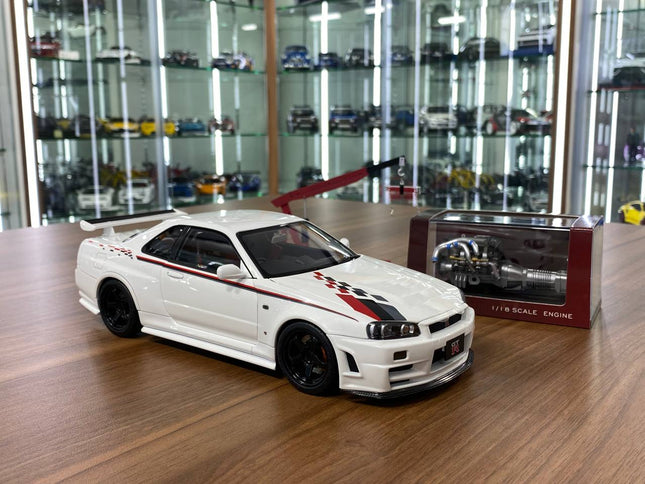 MotorHelix 1/18 Nissan Skyline GT-R R34 Nismo CRS Livery White Diecast Model - detailed collector display model