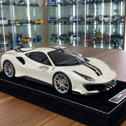 MR Collection Models Ferrari 488 Pista 1:18 Resin Model White/Black Stripes - detailed collector display model