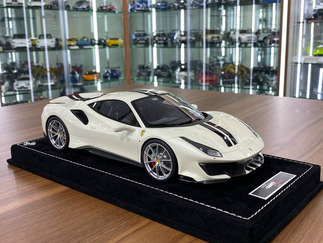 MR Collection Models Ferrari 488 Pista 1:18 Resin Model White/Black Stripes - detailed collector display model