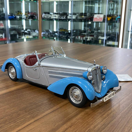 CMC Audi Front 225 Roadster 1935 1/18 Silver Blue Diecast Model Car - detailed collector display model