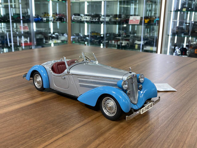 CMC Audi Front 225 Roadster 1935 1/18 Silver Blue Diecast Model Car - detailed collector display model