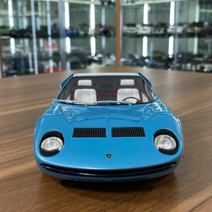 GT Spirit 1/18 Lamborghini Miura Roadster Blue Resin Scale Model Car - studio product photo of the scale model