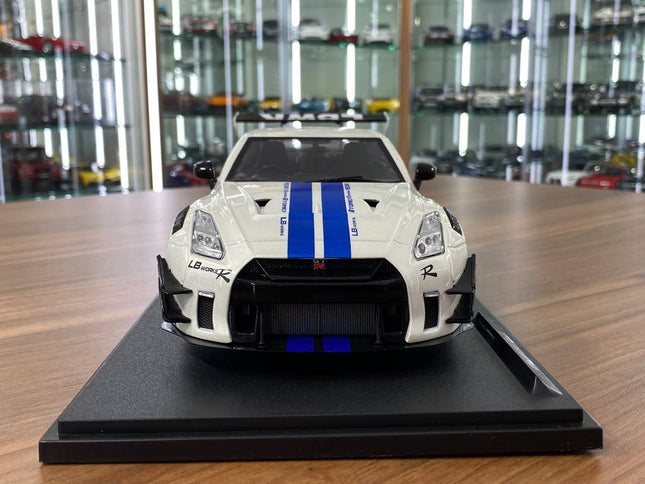 Solido 1/18 Nissan GT-R R35 LBWK Paul Tribute 2024 White Blue Diecast Model - studio product photo of the scale model